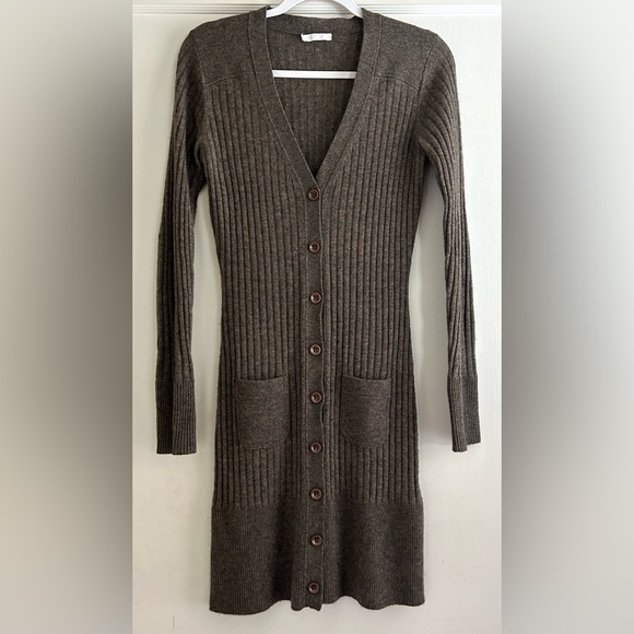Chloe 100% Cashmere Brown Ribbed Knit Long Cardigan Tunic Dress Size XS